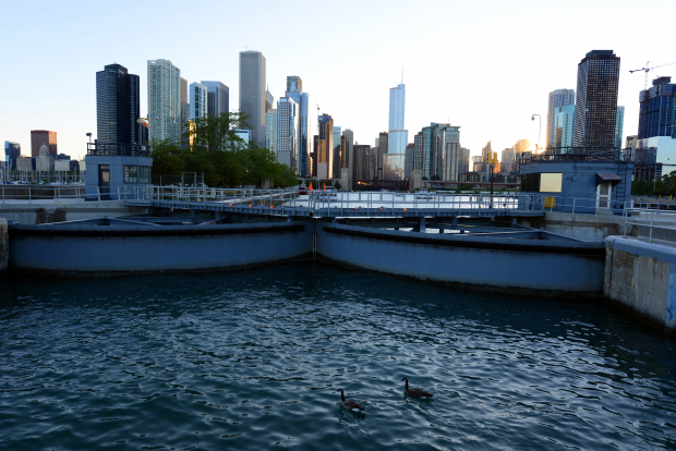 Chicago lock with city city skyline